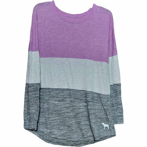 PINK Victoria's Secret Tops - VS PINK Long Sleeve Tee, Small,Colorblock Lilac/Light Gray/Dark Gray,Lightweight